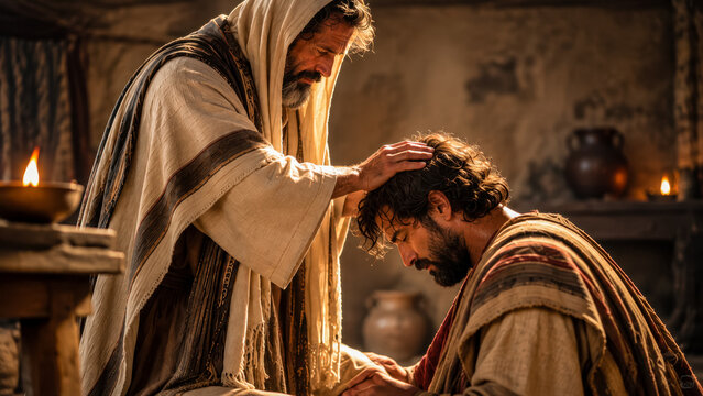 Ananias putting his hands on Saul, and he regains his sight.