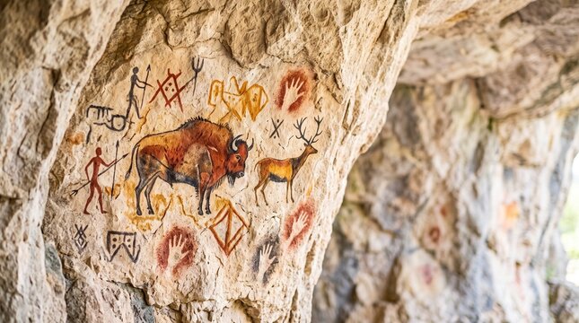 Cave paintings prehistoric symbols rock walls with bison and deer  