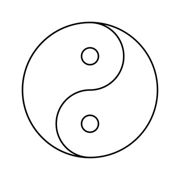The yin and yang symbol displays two swirling forces, one dark and one light, encompassing balance and harmony in a dynamic interplay. Thin black line vector icon on white background