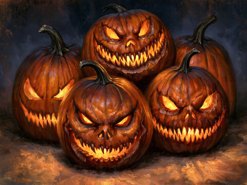 Devilish Halloween pumpkins with spooky faces