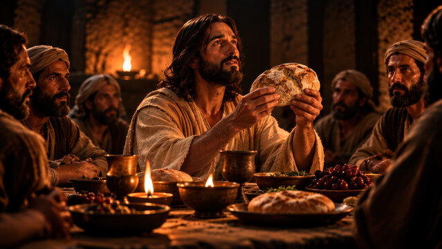 Jesus thanks God for the bread during Last Supper.