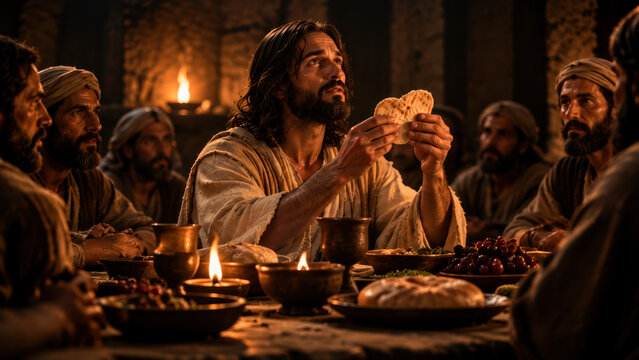 Jesus thanks God for the bread during Last Supper.