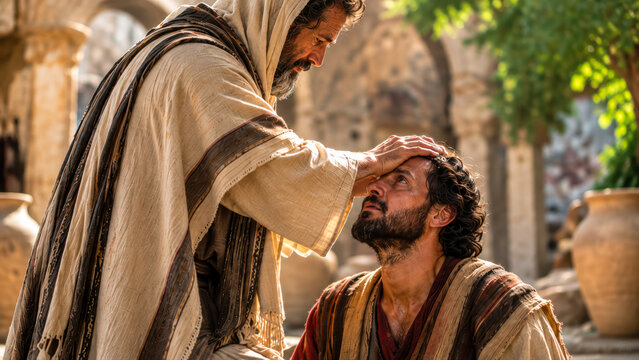 Ananias putting his hands on Saul, and he regains his sight.