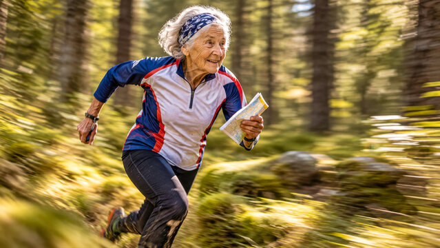 An old woman running through the woods on orienteering competition.