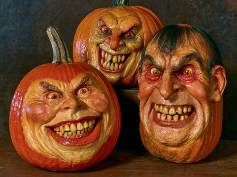 Devilish Halloween pumpkins with spooky faces