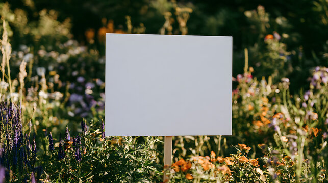 Blank white sign mockup standing in a lush green garden filled with vibrant colorful wildflowers and plants, creating a natural and peaceful outdoor setting ideal for custom design and display concept