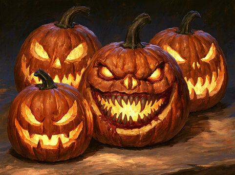Devilish Halloween pumpkins with spooky faces
