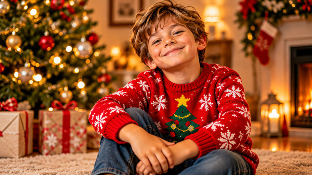 Smiling boy in ugly Christmas sweater.	