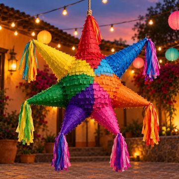 Star pinata hanging in courtyard for Las Posadas