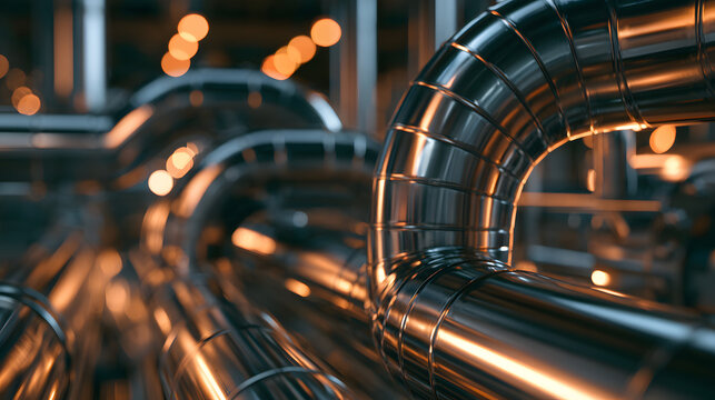 Industrial metal pipe system inside a modern factory facility showing reflective steel curves and warm bokeh lights in background, professional engineering design background for commercial design proj