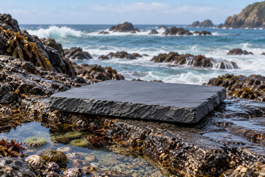 Slate podium beside coastal tide pool