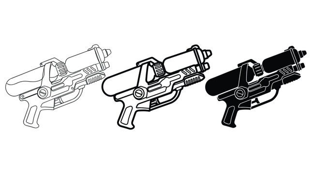 Water gun blaster line art illustrations in three distinct variations for summer leisure and outdoor recreation activity themes.