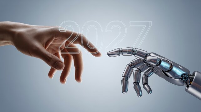 Human hand touching a robot hand for artificial intelligence