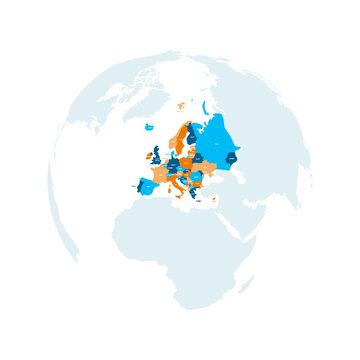 Political map of Europe. Blue colored land with country name labels on white background. Ortographic projection. Vector illustration