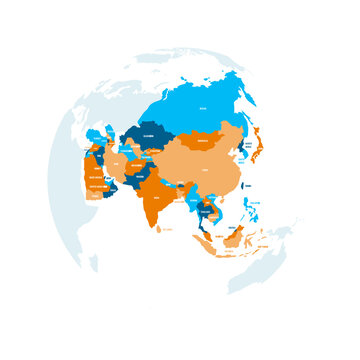 Political map of Asia. Blue colored land with country name labels on white background. Ortographic projection. Vector illustration