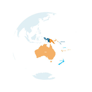Political map of Australia. Blue colored land with country name labels on white background. Ortographic projection. Vector illustration