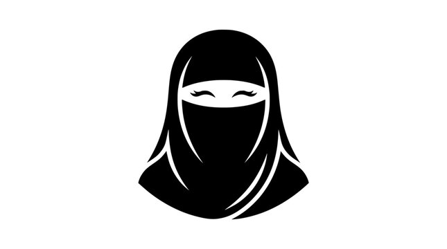 Minimalist black woman wearing hijab head icon, abstract vector female muslim portrait, simple flat style headwear symbol