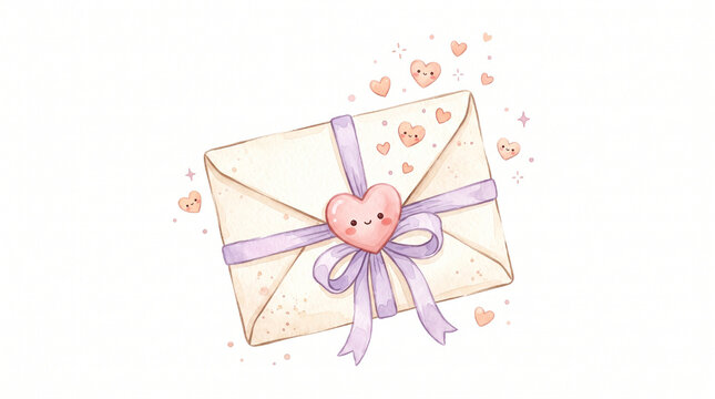 Ivory envelope sealed with raised blush pink heart, tied with pastel lavender ribbon, tiny peach hearts floating nearby. Watercolor illustration, gentle hand-painted art isolated on white backdrop.