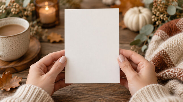 Woman holding blank white greeting card with copy space in cozy autumn setting with coffee cup, candle, white pumpkin, knitted blanket and fall leaves on rustic wooden table