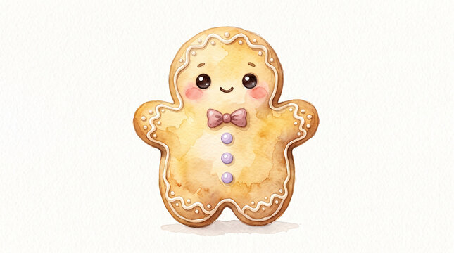 Chubby golden gingerbread cookie with happy little face, ivory icing, lavender buttons and tiny dusty pink bow. Watercolor illustration, gentle hand-painted art isolated on white backdrop.
