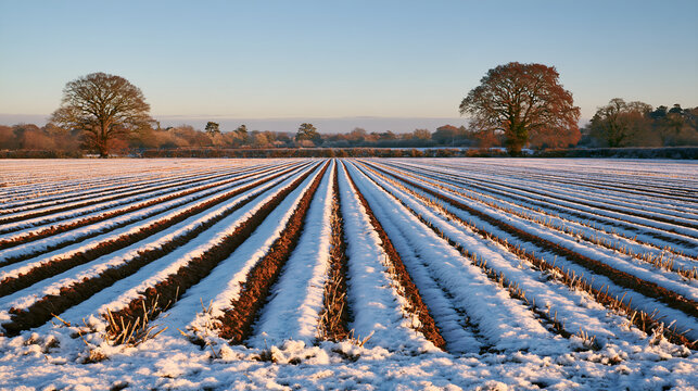 First snow lying in the furrows of a ploughed field