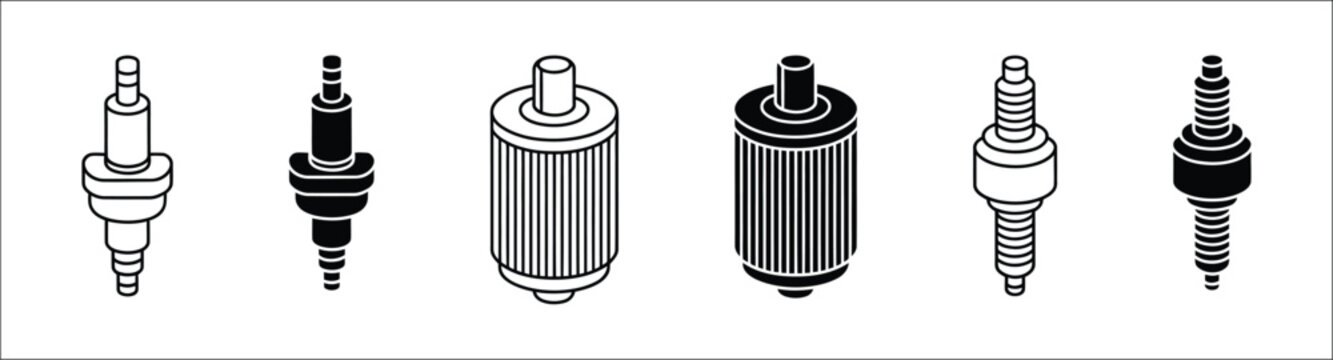 Automotive spark plug icon set, black and white ignition components, line art and solid engine parts for vehicle repair and maintenance.