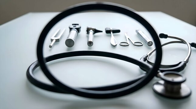 Professional Medical Diagnostic Tools and Stethoscope for Clinical Examination Arranged on a Clean White Table in a Healthcare Hospital Setting Focused through a Stethoscope Loop