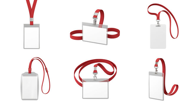 Set of blank vertical and horizontal id badge holders with red lanyards for corporate identification mockups isolated on a transparent background
