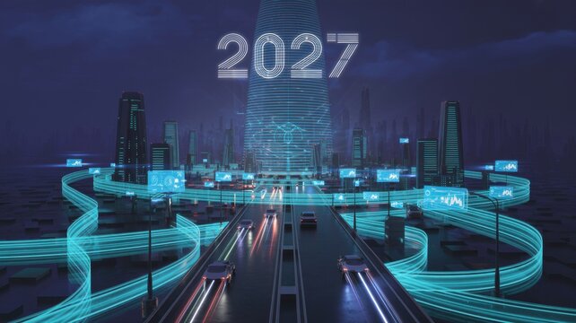Futuristic 2027 city skyline with glowing neon light roads