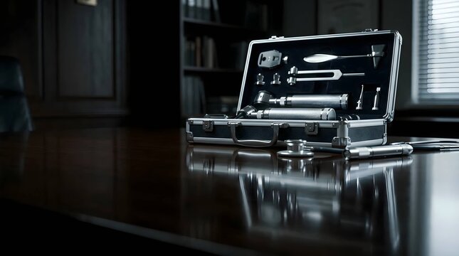 Professional Medical Diagnostic Kit with Otoscope, Ophthalmoscope, Tuning Fork, and Reflex Hammer in an Open Case on a Dark Polished Wooden Desk in a Professional Physician Office Setting