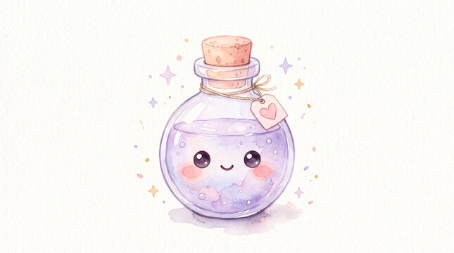 Small magical glass potion bottle with lavender liquid, cork stopper, tiny pink heart label. Watercolor illustration, gentle hand-painted art isolated on white backdrop.
