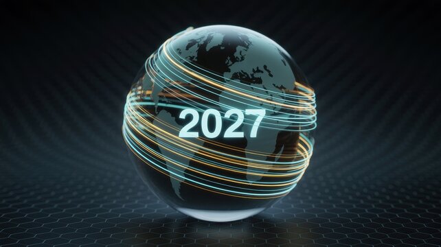 Digital earth globe with 2027 text and glowing light lines
