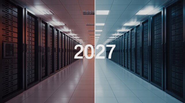 Year 2027 concept in a modern server room data center