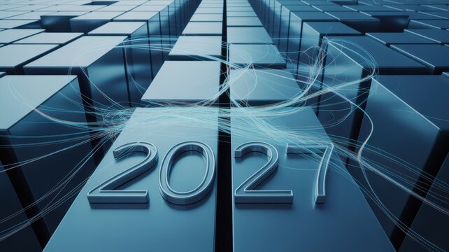 Blue 2027 numbers on futuristic metal blocks background
