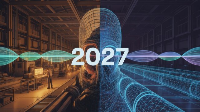 Year 2027 concept with human face and digital sound wave