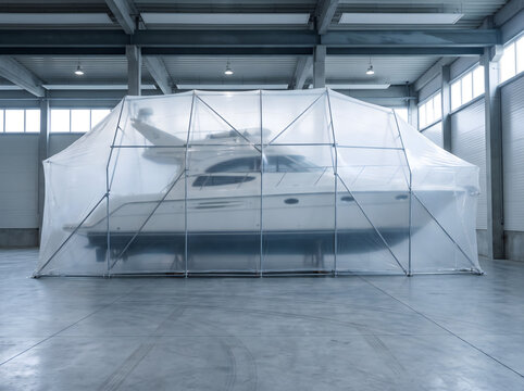 A luxury yacht protected inside a large indoor warehouse utilizing professional boat shrink wrap and scaffolding