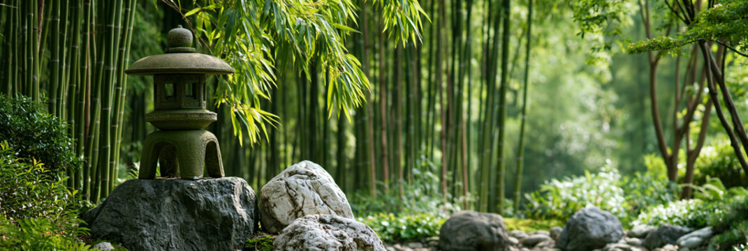 a tranquil bamboo forest. The main subject is a stone lantern, intricately carved with a cylindrical body and a domeshaped top. The lantern sits atop a large rock.