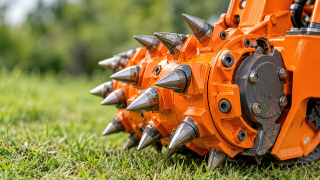 Close-up of an orange mechanical device with sharp metal spikes designed for turf aeration on grass.