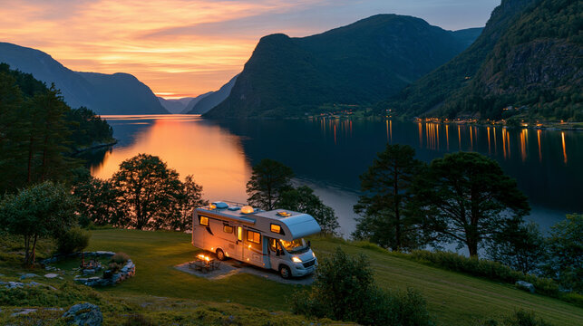 a serene lakeside scene at sunset. A silver recreational vehicle, likely a motorhome, is parked on a grassy hillside. The vehicle has a roof rack and lights.