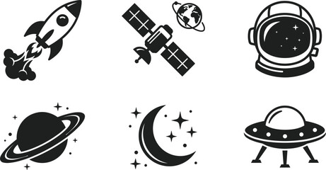 Space exploration black icon set vector collection featuring rocket ship satellite astronaut helmet saturn planet crescent moon and ufo © MDFARIDUR
