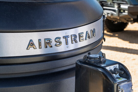Loveland, CO, USA - August 21, 2026: Airstream - a detail and logo of a classic travel trailer.
