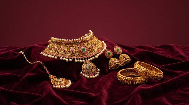 Traditional indian gold jewelry set with emeralds and rubies on velvet fabric