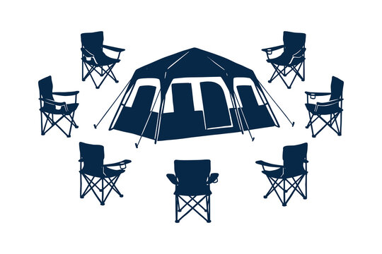 Large family camping tent silhouette with six folding chairs for outdoor vacation and adventure.