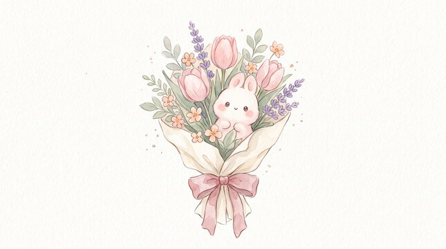 Bouquet of blush pink tulips, lavender blossoms and tiny peach flowers wrapped in creamy ivory paper, dusty pink bow. Watercolor illustration, gentle hand-painted art isolated on white backdrop.