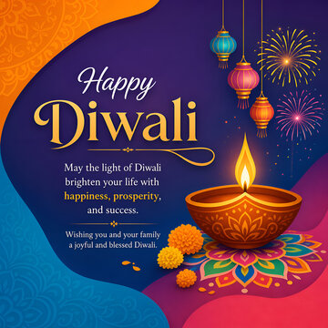 Happy Diwali greeting with glowing diya, marigold flowers, hanging lanterns and fireworks on navy blue