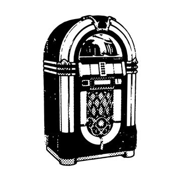 Vintage jukebox player in grainy black halftone for music posters photocopy effect