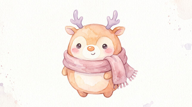 Adorable round caramel-peach reindeer with muzzle, tiny lavender antlers, dusty pink scarf and little peach-colored nose. Watercolor illustration, gentle hand-painted art isolated on white backdrop.