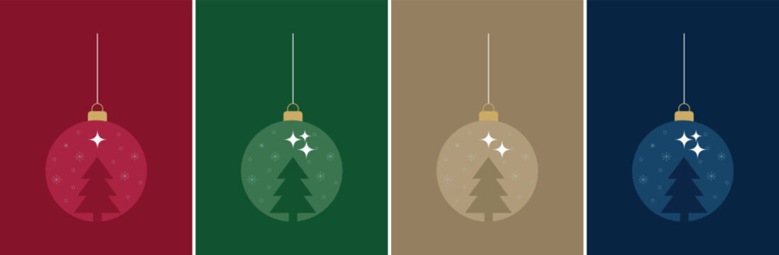 Four hanging christmas ornaments featuring silhouettes of pine trees on colored backgrounds