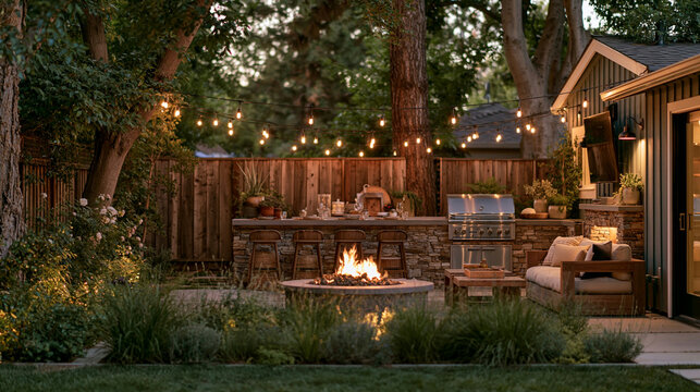 a cozy backyard patio area. The main subject is an outdoor kitchen area with a builtin grill, seating area, and a fire pit. String lights illuminate the area.