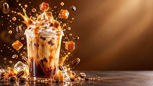 Iced caramel coffee with whipped cream and floating coffee beans